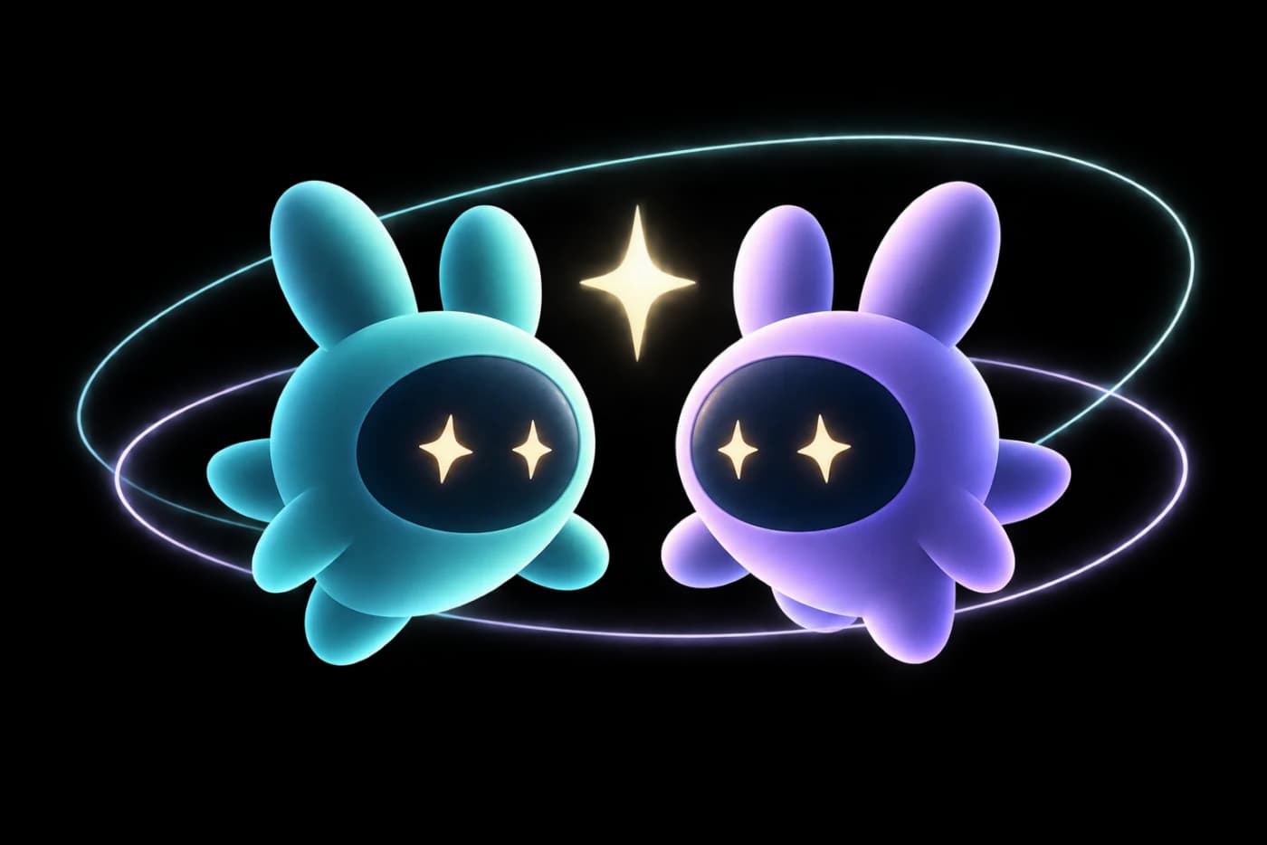 Nova twins: a teal and a lavender cosmic companion connected by delicate orbits