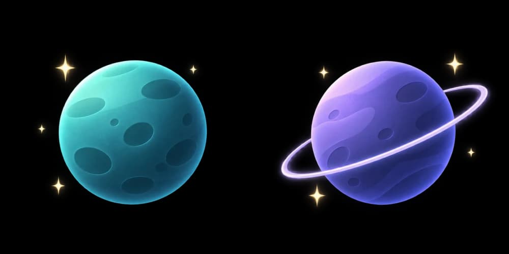 A teal personal planet alongside a lavender second-space planet